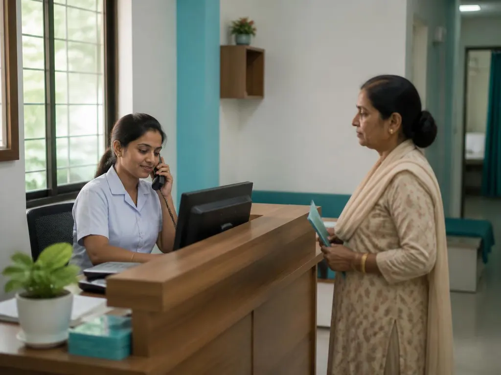 A receptionist at a small Indian clinic front desk takes a phone call while a patient waits nearby to confirm an appointment.